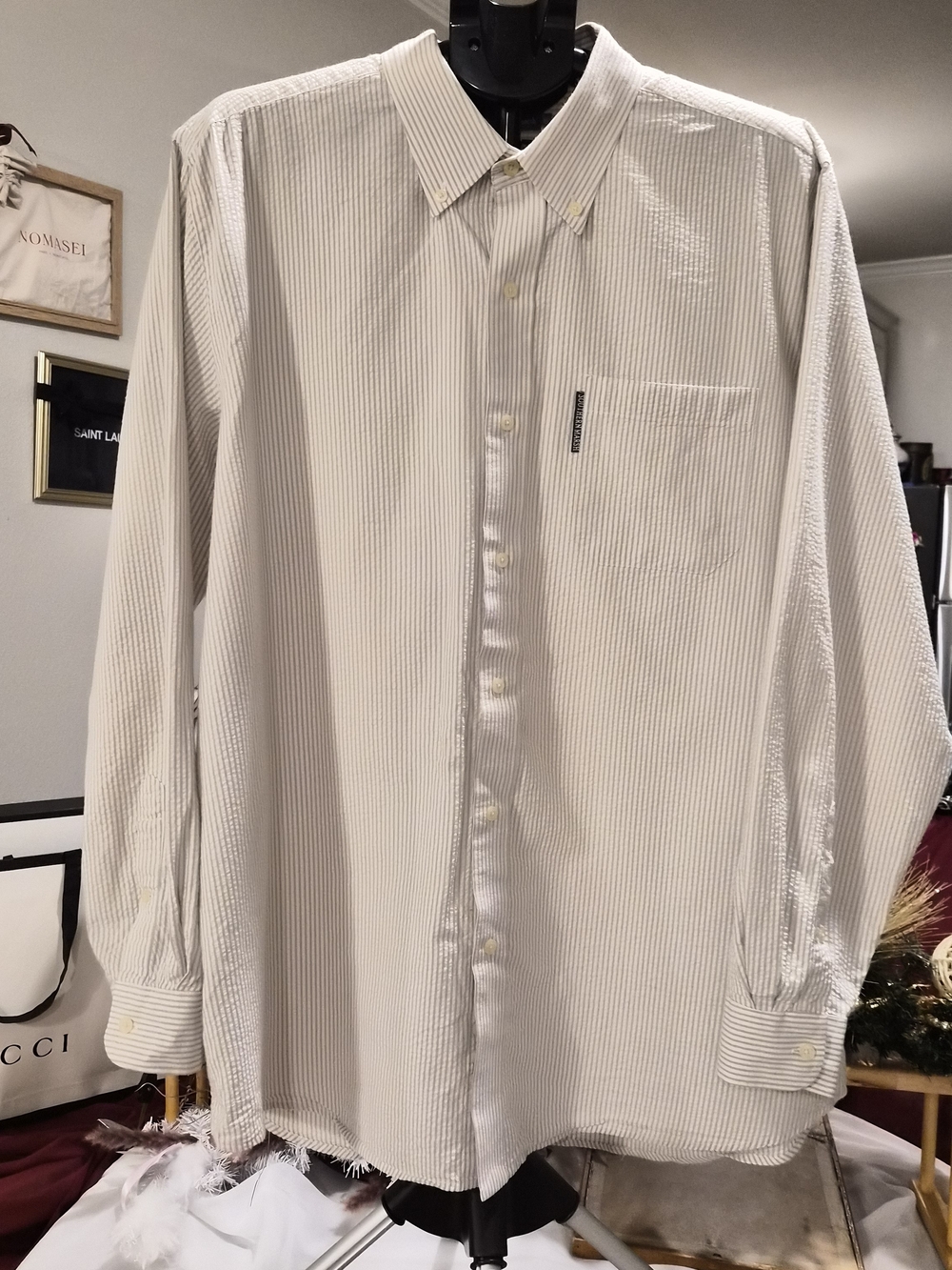 Southern Marsh Men's XL Seersucker Button Down Shirt Beige White Striped